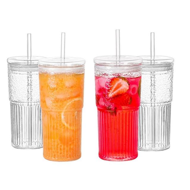 QWEZXO Glass Cups With Lids and Glass Straws，20 OZ 4pcs High Borosilicate Glass Tumbler Iced Coffee Water Smoothie