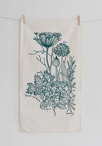 Culinary Herb Tea Towel in Dark Green - Flour Sack Towel - Natural Cotton Kitchen Towel - Botanical Print - Hand Printed Tea Towel