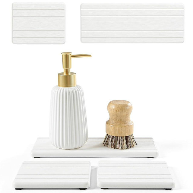 3 Pack Stone Dryin Tray, Water Absorbing Diatomite Stone Sink Mat for Kitchen & Bathroom Counter, Soap Dish Vanity Caddy,Sponge Holder Organizer, White - 2pcs of 4.5"x 3.5" and 1pc of 9"x 3.5"