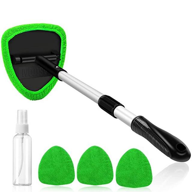 AstroAI Windshield Cleaner, Microfiber Car Window Cleaner with 4 Reusable and Washable Microfiber Pads and Extendable Handle Auto Inside Glass Wiper Kit, Green…