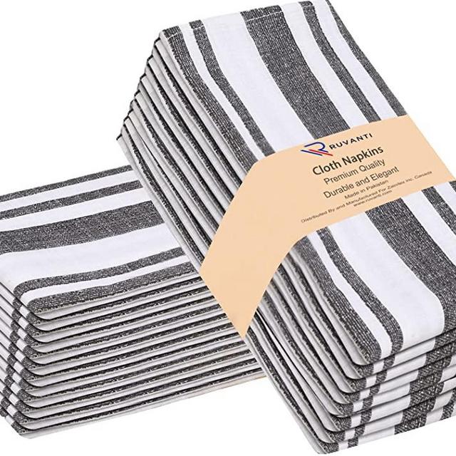 Ruvanti Kitchen Cloth Napkins 12 Pack 100% Cotton 20 by 20 Inch Grey Stripes, Dinner Napkins, Soft, Comfortable, Washable Cloth, Linen Napkin for Family Dinners, Weddings, Cocktail Parties & Home Use.