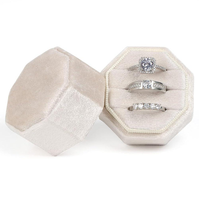 MFXIP Velvet Ring Box, 3 Slots Wedding Ring Box, Vintage Octagon Premium Jewelry Display Holder Gift Box with Detachable Lid for Engagement Wedding Box Keepsake Box Bridal Photo