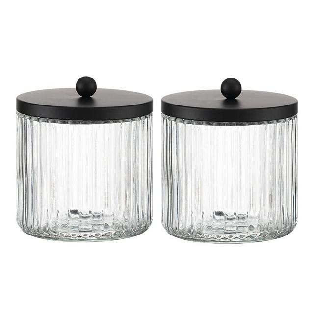 KMwares 2-Pack Glass Qtip Holder Dispenser Set for Cotton Ball, Swab, Round Pads, Floss Picks - Bathroom Canister Storage Organization and Vanity Makeup Organizer (Clear)