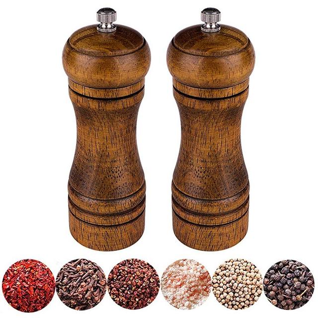 Wooden Salt and Pepper Mill Set, Pepper Grinders with with Cleaning Brush,Classic Manual Ceramic Core Grinders Adjustable Coarseness,Suitable for BBQ,Family Dinner,Kitchen,Restaurant(Pack of 2)
