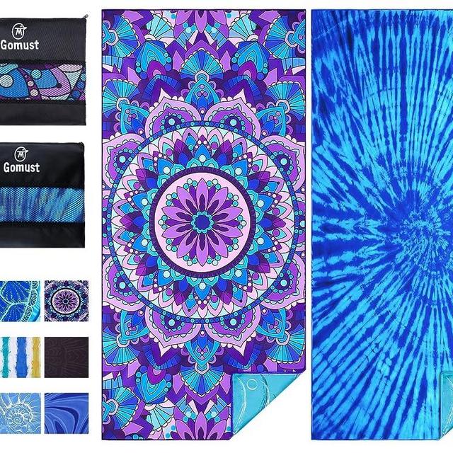 2 Pack Lightweight Thin Beach Towel Oversized 71"x32" Big Extra Large Microfiber Sand Free Towels for Adult Quick Dry Travel Camping Beach Accessories Vacation Essential Gift Tie Dye Purple Mandala
