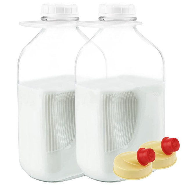 Kitchentoolz 64 Oz Glass Milk Jugs with Caps - Perfect Milk Container for Refrigerator - Half Gallon Glass Milk Bottle with Tamper Proof Lid and Pour Spout- Pack of 2