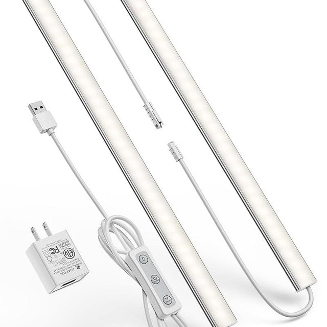 Vovamo Plug-in Under Cabinet Lighting, Dimmable Under Counter Lights for Kitchen, 2pcs 12 Inch, Natural White 4500K Linkable Wired Closet Light, Indoor USB Led Lights Bar for Desk,Sink,Workbench