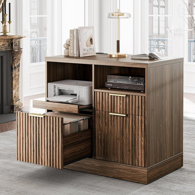 Perledesign 3 Drawer File Cabinet, Fluted Wood Lateral Filing Cabinet with Charging Station for Home Office, Fits for A4/Letter-Sized Files, Printer Stand with Open Storage Shelves, Black Walnut