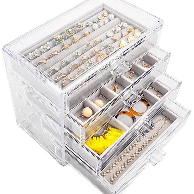 Mebbay Acrylic Jewelry Box with 4 Drawers, Velvet Jewelry Organizer for Earring Necklace Ring & Bracelet, Clear Jewelry Display Storage Case for Woman, Grey