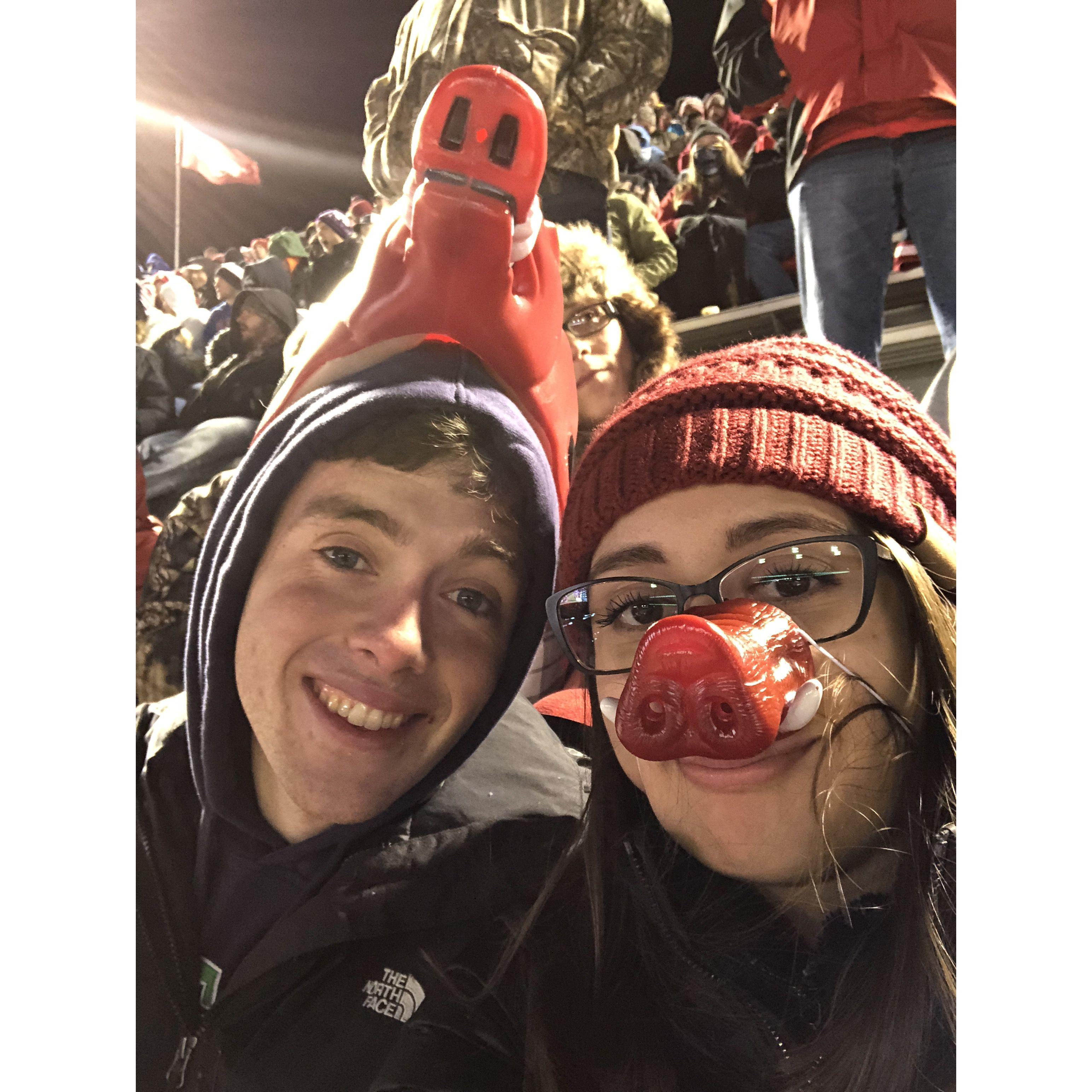 November 2018 - visiting Travis’s cousin, Kelsey, in Arkansas! We were  keeping our heads and noses warm at the University of Arkansas football game.