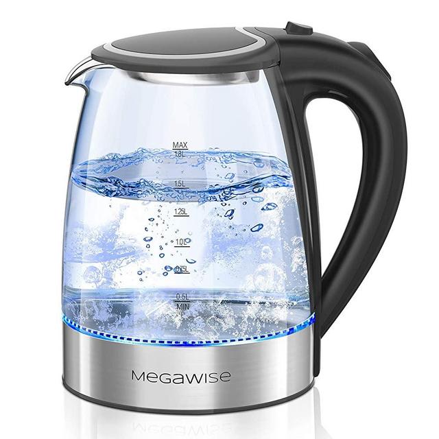 MEGAWISE 1500W Electric Kettle, 1.8L Borosilicate Glass Tea Kettle with LED Light, Auto Shut-Off and Boil-Dry Protection Cordless Kettle Fast Boiling, BPA Free