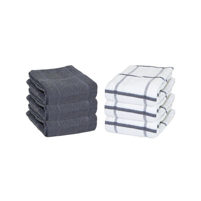Sloppy Chef Premier Kitchen Towels (Set of 6), 3 Solid Color Towels and 3 White Towels with Matching Pattern, 15x25 in., Soft Ringspun Cotton, Striped Windowpane Pattern