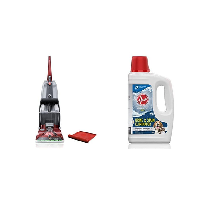 Hoover Power Scrub Deluxe Carpet Cleaner with Storage Mat, FH50150B and Hoover Oxy Pet Urine & Stain Eliminator Carpet Cleaning Shampoo, Concentrated Machine Cleaner Solution, 50oz, AH31955, White