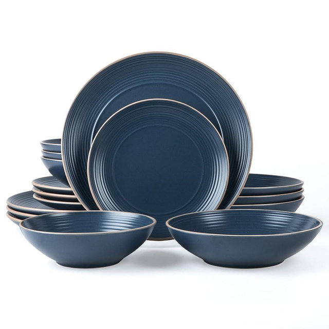 Arora RINGAR Round Stoneware 16pc Double Bowl Dinnerware Set for 4, Dinner Plates, Side Plates, Cereal Bowls, Pasta Bowls - Speckle Matte Blue (420796)