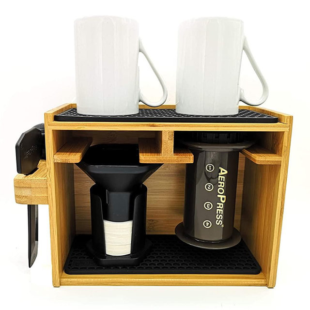 Hexnub Organizer for Aeropress Coffee Maker Premium Bamboo Stand Caddy Station Holds Aeropress Coffee Maker Filters Cups Accessories with Silicone Dripper Mat (Black)