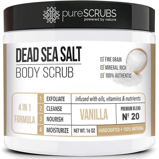 pureSCRUBS Premium Organic Body Scrub Set - Large 16oz VANILLA BODY SCRUB - Dead Sea Salt Infused Organic Essential Oils & Nutrients INCLUDES Wooden Spoon, Loofah & Mini Organic Exfoliating Bar Soap