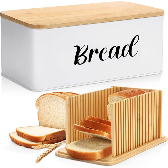 LOYIM Bread Box with Bread Slicer Storage Container for Kitchen Countertop Food Storage with Multifunction Bamboo Lid, 3 in 1 Breadbox Removable Cut Board for Loaf Slicing (White,Wood, Metal,Bamboo)