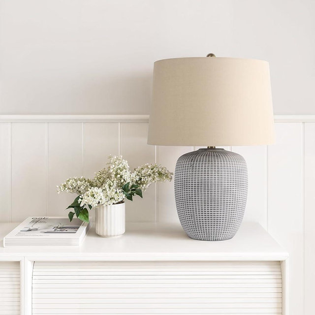 Abani Table Lamp Claude Grid 23.5” – Transitional Grey Ceramic Base with Wheat Linen Shade – E26 Bulb Included – Elegant Desk Lamp for Bedroom, Living Room Lamp, Dorm or Nightstand