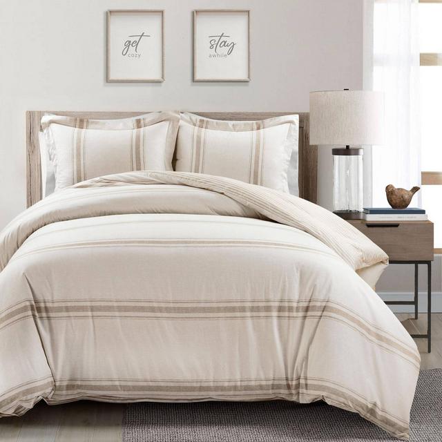 3pc King Farmhouse Stripe Reversible Duvet Set Neutral - Lush Décor