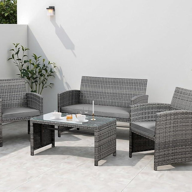 Shintenchi 4 Piece Patio Ratten Set Outdoor Furniture Set Wicker Conversation Set with Cushions and Tempered Glass Tabletop,Grey