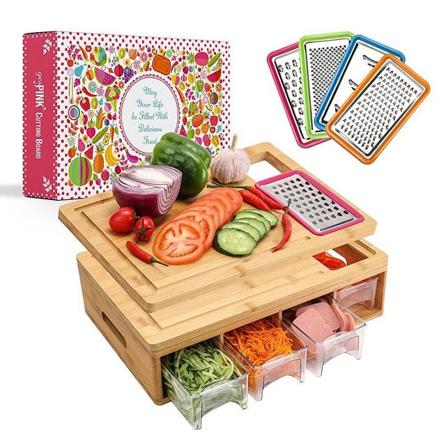 gesPINK Bamboo Cutting Board with Containers, Removable Surface Cutting Board with Drawer Bins, Prep Deck Station Chopping Board with Storage Tray, Cutting Board with Compartments, 4 Graters