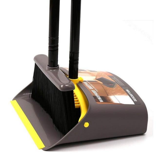 TreeLen Dust Pan and Broom/Dustpan Cleans Broom Combo with 40"/52" Long Handle for Home Kitchen Room Office Lobby Floor Use Upright Stand up Dustpan Broom Set (A Yellow Broom Dustpan Set)