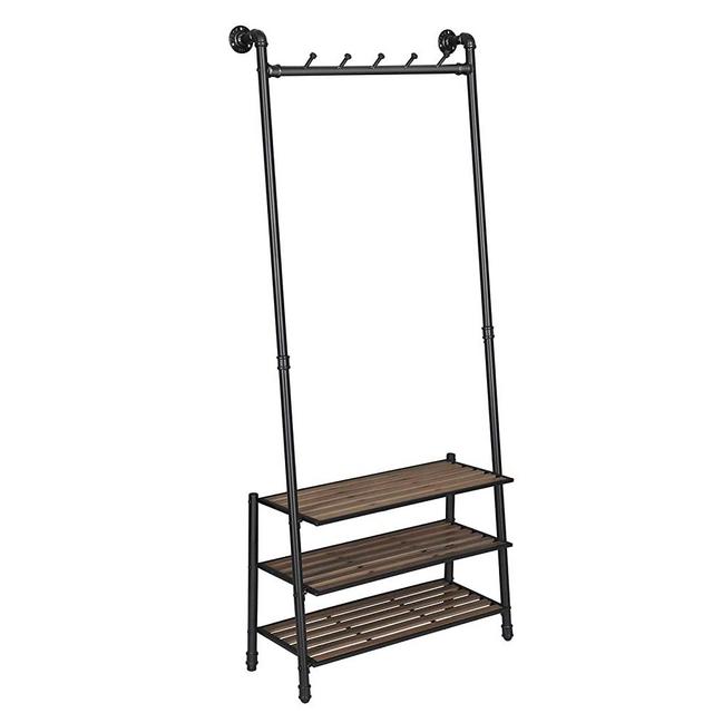 VASAGLE Coat Rack with Shoe Rack, Industrial Pipe Style Hall Tree, Angled Coat Stand for Hallway Entryway, Standing Against The Wall, Bolt Hooks and Slat Shelves, Stable Metal Frame, Black URCR75BX