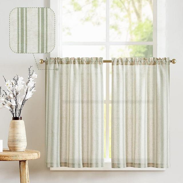 jinchan Linen Kitchen Curtains Striped Tier Curtains 24 Inch Cafe Curtains Farmhouse Small Curtains Balanced Stripe Half Window Curtains Light Filtering for Bathroom Laundry 2 Panels Green on Beige