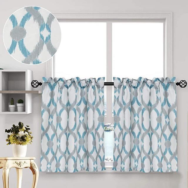 oremila Tier Curtains for Kitchen Windows Geometric café Curtains, 27" x 36" Multi-Color Geometric Printed Half Window Curtain Set for Bathroom, Rod Pocket, 1 Pair, Teal/Gray