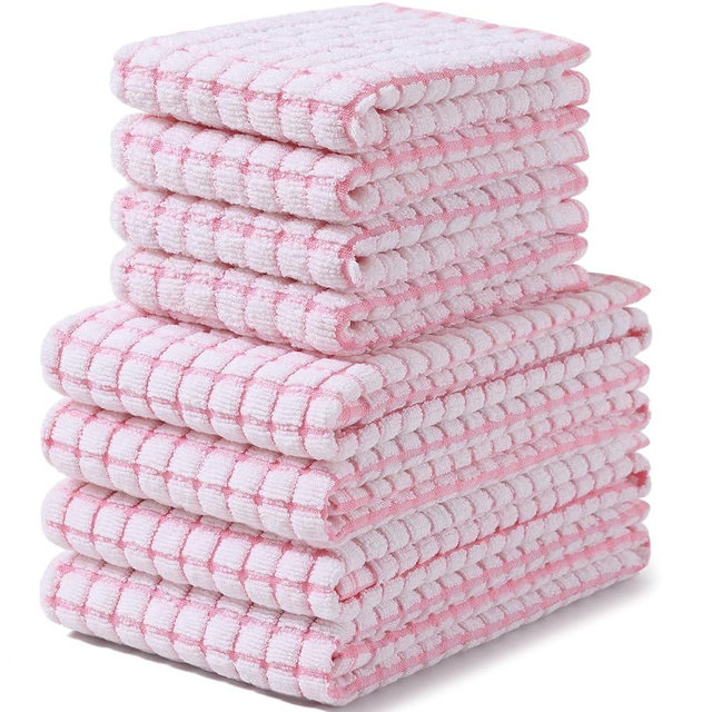 Homaxy Kitchen Towels and Dishcloths Set, 16 x 25 and 12 x 12 Inches, Set of 8 Cotton Terry Kitchen Dish Towels, Super Soft and Absorbent Dish Cloths, Pink
