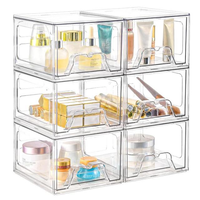 Stebopum 6 Pack Stackable Makeup Organizer, 4.4'' Tall Acrylic Bathroom Makeup Organizer and Storage Drawer with Pull-out Handle, Clear Plastic Storage Bins for Vanity,Pantry,Desk,Undersink,Kitchen