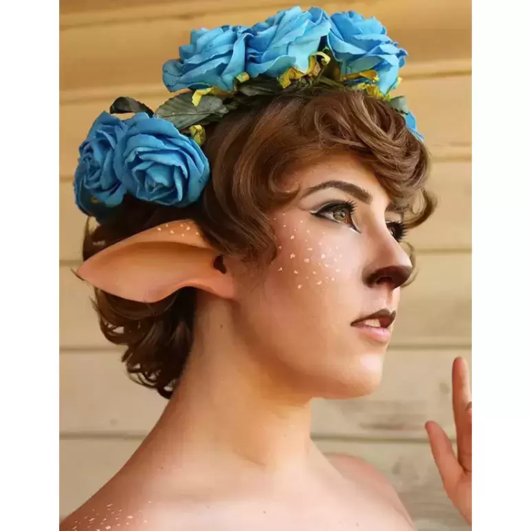 Makeup example with prosthetic deer ears and flower wreath!