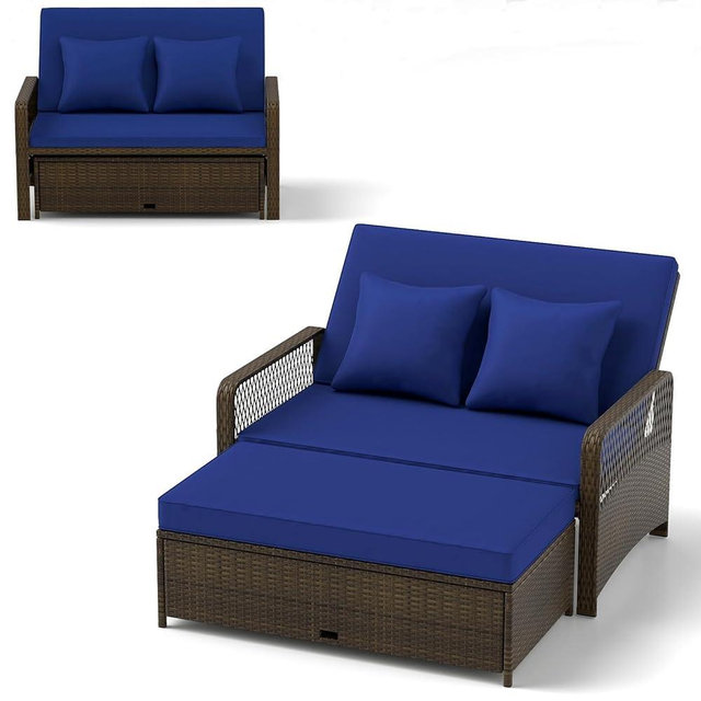 RELAX4LIFE Wicker Patio Outdoor Daybed - Rattan Sunbed Loveseat Sofa Set w/4-Level Adjustable Back, Cushions & Pillows, Storage Ottoman, 2-Person Bed Lounger for Backyard Porch, Patio Daybed (Navy)