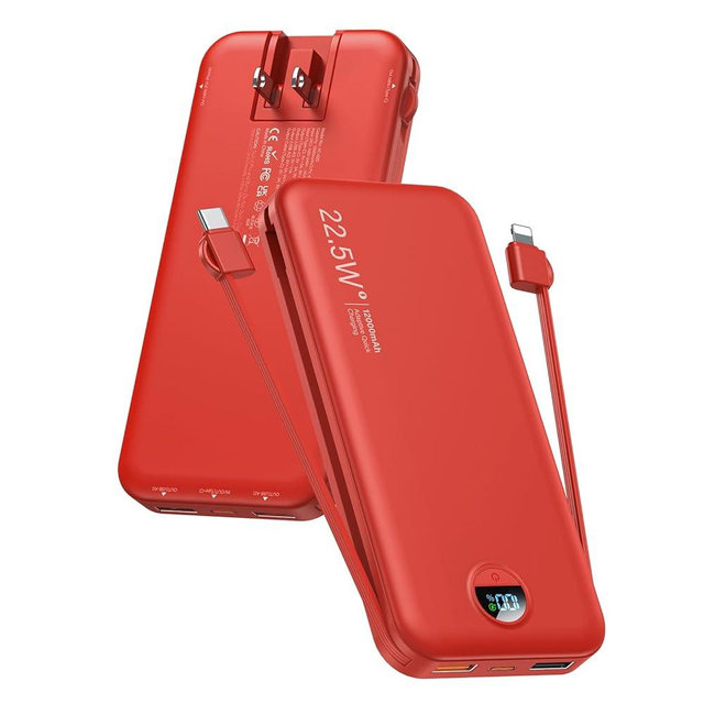 Portable Charger Power Bank, 12000mAh 22.5W USB C Charger Fast Charging with Built-in Cables & Wall Plug, 5-in-1 Battery Pack with LED Display, Ultimate Travel Essential for iPhone, iPad, Samsung Red