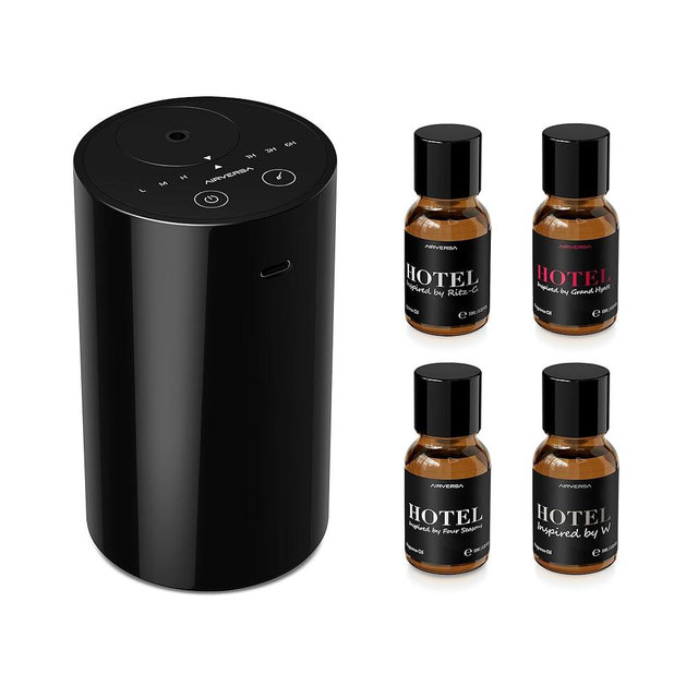 Airversa Waterless Essential Oil Diffuser Starter Kit with 4 x 10mL Hotel Scent Fragrance Oil, Battery Operated Mini Scent Air Machine Portable Diffuser for Home Car Office, AN8 Kit Black