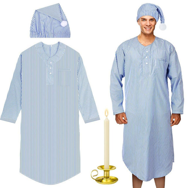 Toulite 4 Pcs Men's Pajama Set Includes Men's Nightshirt Night Sleeping Cap Candle Holder and Candle for Halloween Christmas(2x-large)