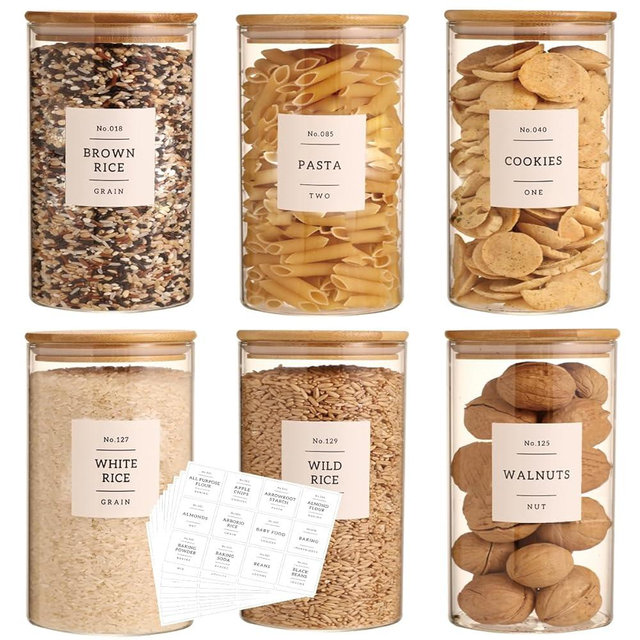 CZZGSM 6 Pack Glass Jar with Airtight Bamboo Lid and White 132 Kichen Pantry Labels Preprinted - 28 Oz Clear Round Glass Food Storage Containers set For Tea Coffee Bean Cookie