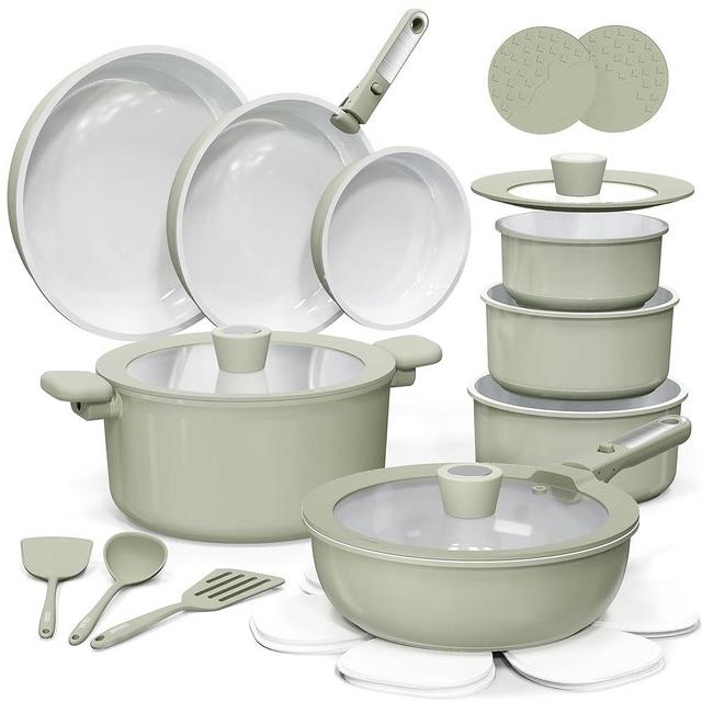 CAROTE 25pcs Ceramic Cookware Set, Pots and Pans Set Non Stick, Induction Kitchen Sets, Non Stick RV Cook ware Set with Detachable Handle, Dishwasher/Oven Safe Green
