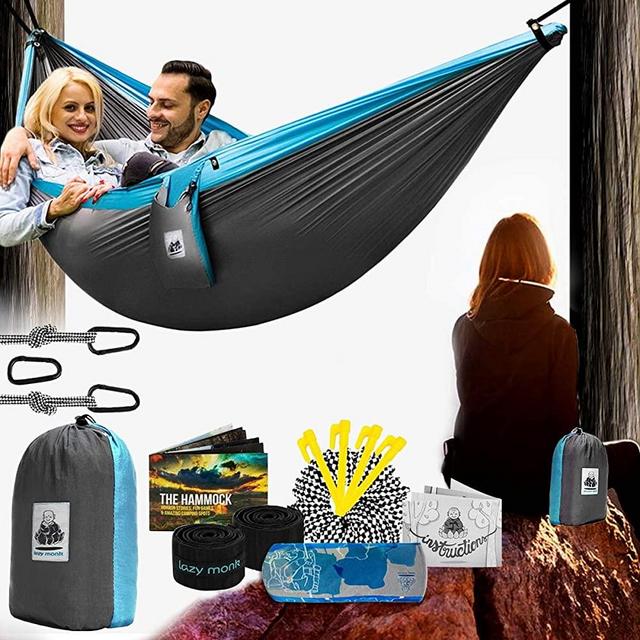 Lazy Monk 2 Person Hammock w/ Tree Straps | Portable Foldable Parachute Double Hamock Outdoor, Travel, Camping | Hamaca para dos | Complete Two People Couple Patio Backyard Outside Hanging Swing Amaca