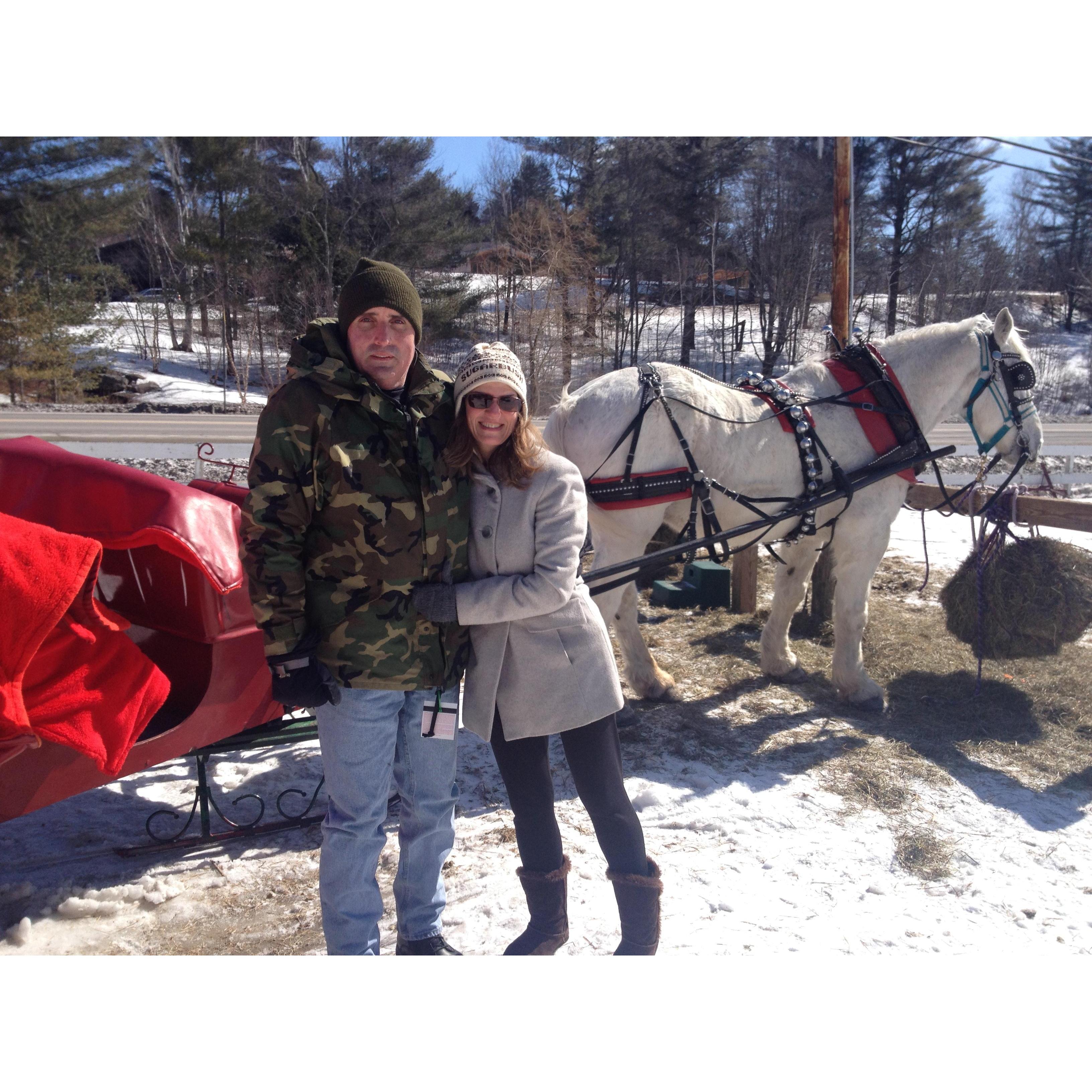 Our Vermont engagement on a one horse open sleigh
