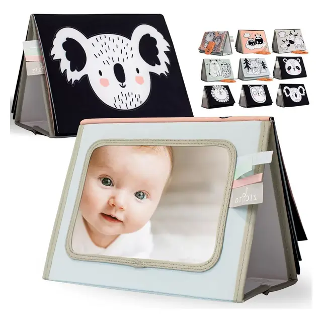 ZICOTO Soft Tummy Time Book with Large Stimulating Baby Safe Mirror - Fun High Contrast Montessori Toy For Safe Early Newborn/Infant Development