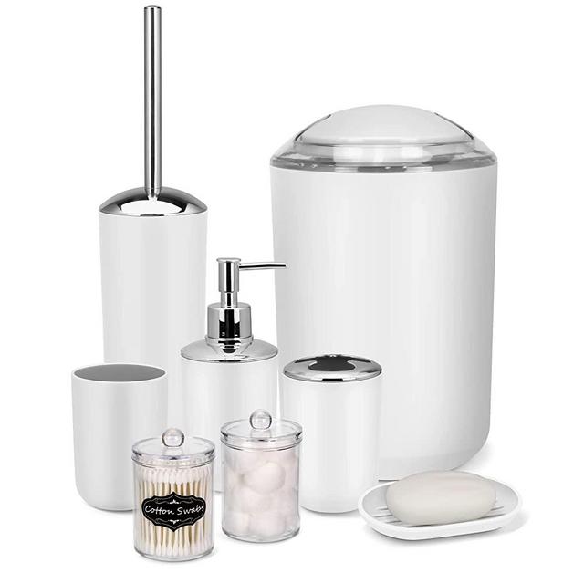 IMAVO Bathroom Accessory Set - 8 Pcs White Bathroom Accessories Set with Trash Can, Soap Dispenser, Soap Dish, Toothbrush Holder, Toothbrush Cup, Toilet Brush Holder, Qtip Holder Dispenser with Labels