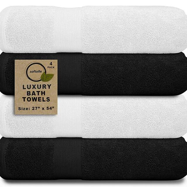Softolle 100% Cotton Luxury Bath Towels- 600 GSM Cotton Towels for Bathroom - Set of 4 Bath Towel - Eco-Friendly, Super Soft, Highly Absorbent Bath Towel-Oeko-Tex Certified- 27" x 54"(Black-White)