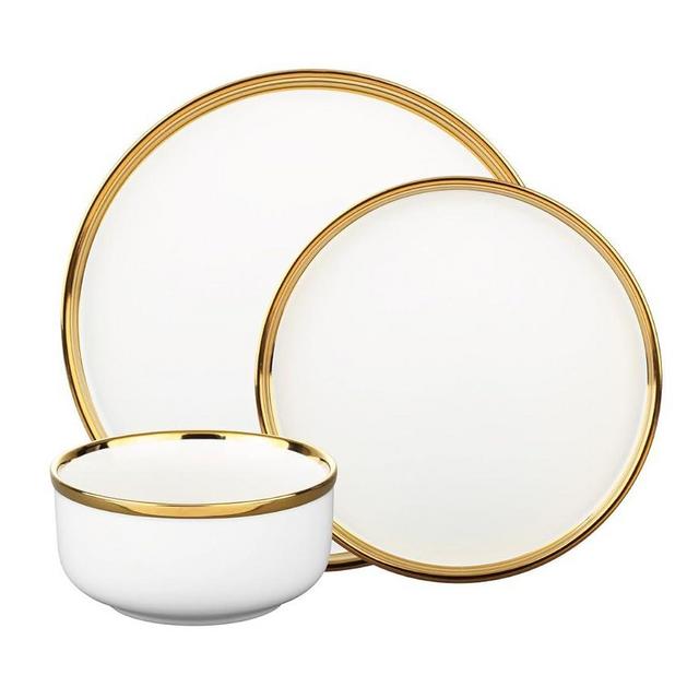 Godinger Dinnerware Set, Dinner Plate, Salad/Appetizer Plate and Soup/Cereal Bowl, 12 Piece Set, White and Gold, Stoneware