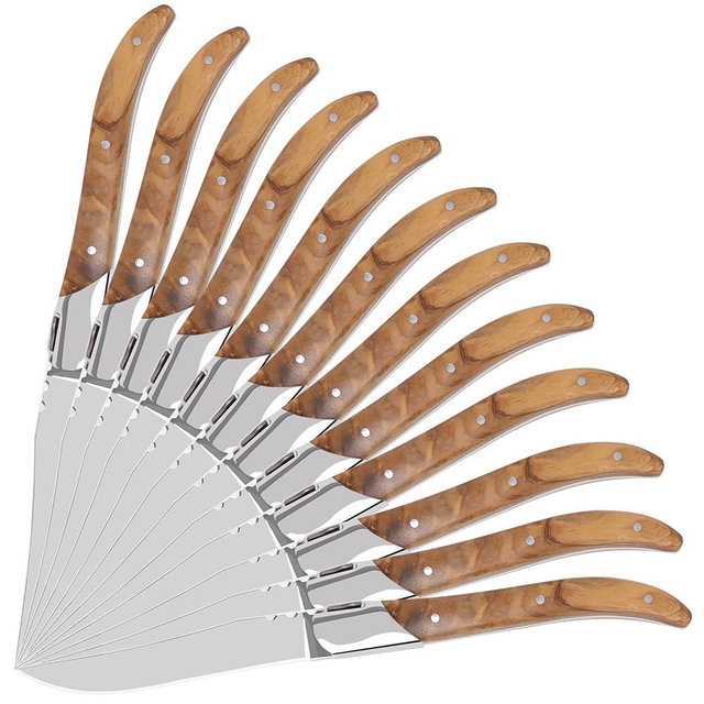 LUVCOSY Laguiole Style Steak Knife Set of 12, Non-serrated Steak Knife Set with Olive Wood Handle, Sharp Stainless Steel Steak Knives with Gift Box, Dinner Cutlery Set for Home Party
