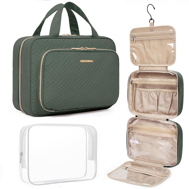 BAGSMART Toiletry Bag Hanging Travel Makeup Organizer with TSA Approved Transparent Cosmetic Bag Makeup Bag for Full Sized Toiletries(Dusty Green)