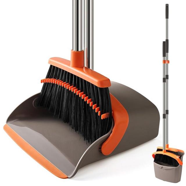 Upgrade Durable Broom and Dustpan Set with 52" Adjustable Long Handle, Stand Up Broom with Dustpan Combo Set for Heavy Duty with Dustpan Teeth to Clean Hair for Home Kitchen Office Hall Floor
