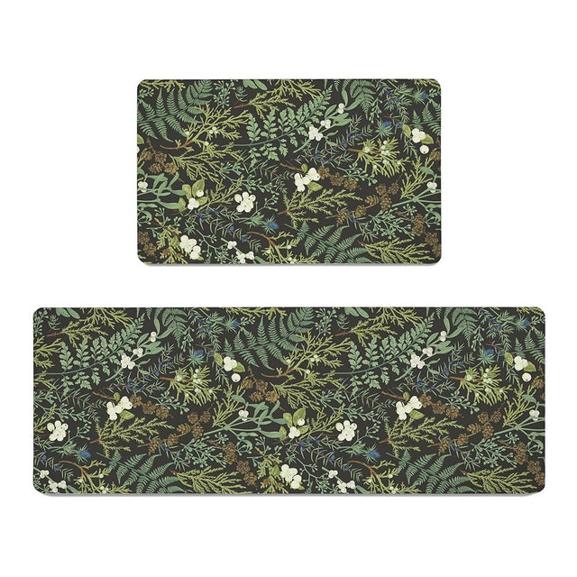 Black Green Botanical Kitchen Rugs Set of 2 Plant Leaf Anti-Fatigue Kitchen Mat Natural Comfort Standing Waterproof PVC Mats 2/5" Thick Leather Carpet for Laundry Office Sink(17.3" x28" + 17.3" x 47")