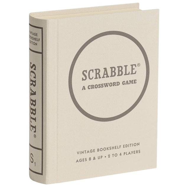 WS Game Company Scrabble Vintage Bookshelf Edition Linen Fabric-Wrapped Book Case with Solid Wood Tiles and Racks, Classic Retro Scrabble Board Game for Family Night, 2 to 4 Players, Ages 8+