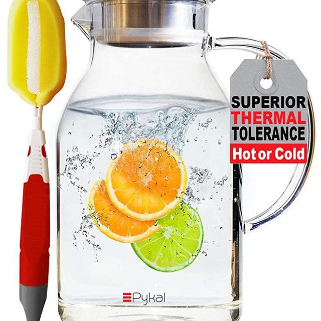 Pykal Glass Water Pitcher with Tight Lid 68 Ounces, Thicker Heat Resistant Borosilicate Glass Carafe with Free Brush (in Christmas Ready Packaging)